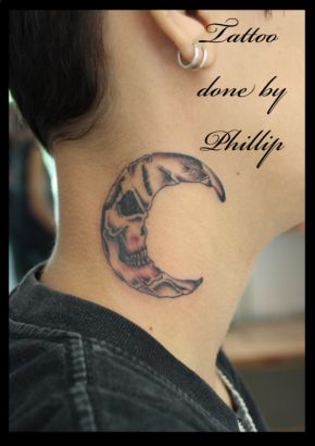 Moon And Scull Tattoo On Neck